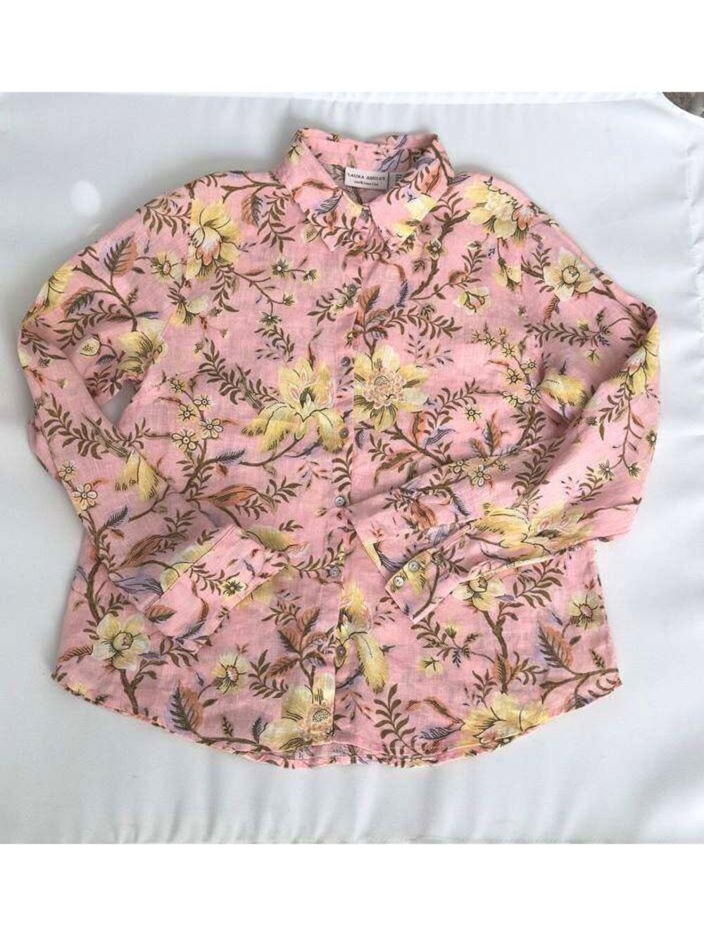 Laura Ashley Women M Pink Floral 100% Linen Button Down Shirt Cottagecore